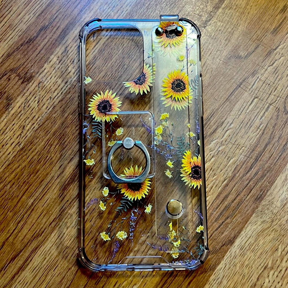 IPhone 13 Pro Max phone case, Clear with Sunflowers, Handle and Phone ring